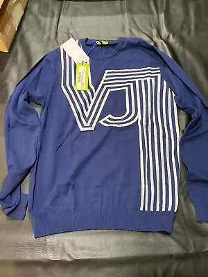 New Versace Jeans VJ Logo Print Pullover Sz Medium Blue Large Logo! • $145