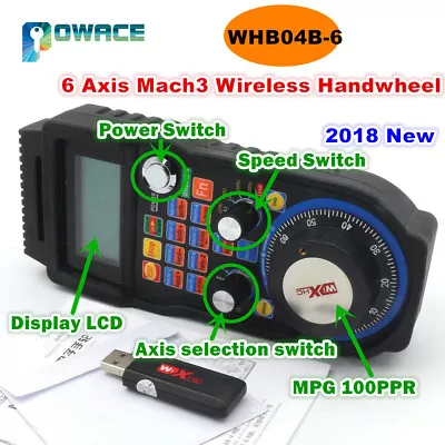 6 Axis MACH3 XHC MPG Wireless Handwheel Manual USB Receiver 40 Meters WHB04B • $118.88