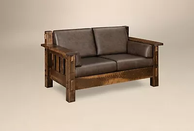 Amish Mission Rustic Love Seat Rough Sawn Solid Wood Slat Tenon Leather • $3298.90