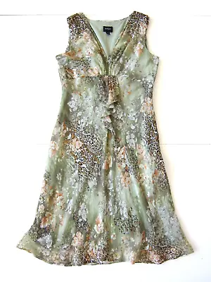 MSK Green Orange Floral Cheetah Sleeveless V-Neck Empire Sun Dress Size 14 • $22.49