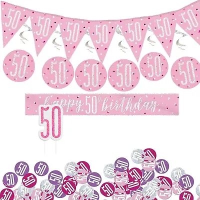 50th Birthday Decoration Kit Blue Rose Gold Pink Banners Bunting Confetti Candle • £10.99