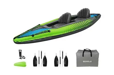 SEAFLO INFLATABLE TANDEM KAYAK With OARS - AIR BAG - PUMP - STORAGE BAG 2 Seats • £139.99