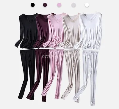 $27.80 • Buy Women V Neck Mulberry Silk Thermal Jersey Long John Underwear Sets Top & Bottom
