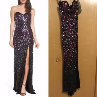 $338 New MAC DUGGAL Strapless COLORFUL Sequin CONFETTI Bustier Slit TRAIN GOWN • $235