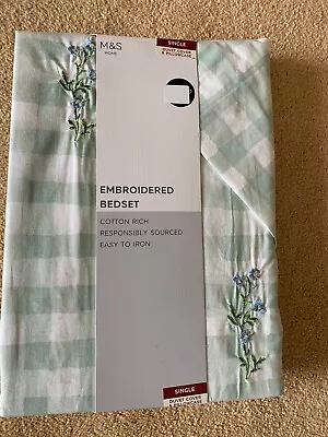 M&S Embroidered Cotton Rich Single Bedset Duvet Cover Set Green Gingham Check • £14.99