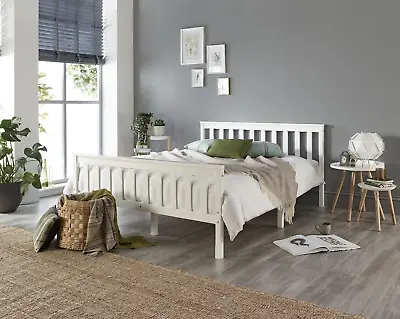 White Solid Wooden Bed Frame Single 4ft6 Double King Size Bed With Mattress Pine • £242.36