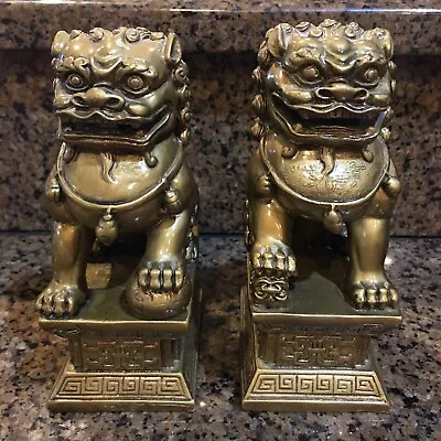 Chinese Gold YIN FOO DOG LION Poly Resin 7” (Set Of 2) • $20