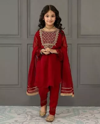 Designer Kids Girls Dress With Dupatta Fancy Red Party Wear Bollywood New Indian • $88.25