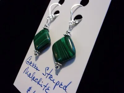 925 Green Striped Malachite Squares Leverback Earrings • $14