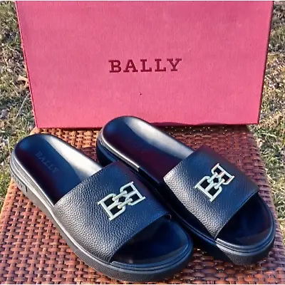 Bally Men's Jaxons B-Chain Black Leather Sandals Pool Slides US 12D/ UK 45 • $195