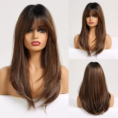 Long Straight Brown Blonde Layered Hair Wigs With Bangs For Women Cosplay Daily • $18.89