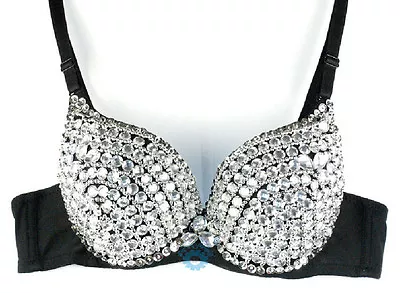 Silver Black Crystal Gaga EDC Rhinestone Club Rave Belly Dance Bra 40A 38B • $19.85