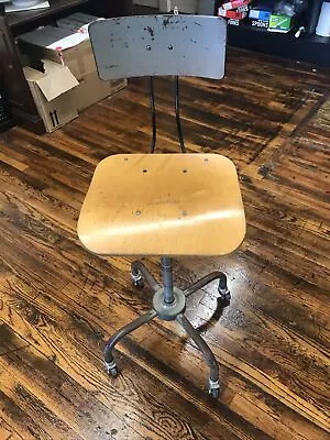 Vint. 1960s Adjusto Adjustrite Wood Metal Stool Industrial RARE Casters B.G. Oh • $200