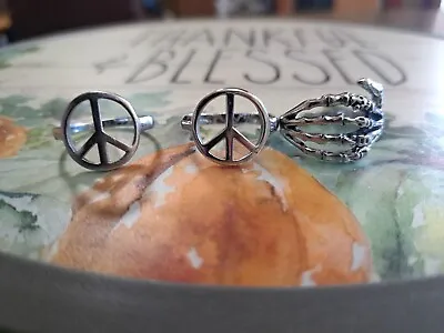 Stainless Steel Ring Lot Of 3 (size 12) Peace Sign From Earthbound Skeleton Hand • $15.99