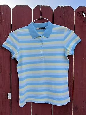 Vintage 80s 90s Hang Ten Striped Snap Button Polo Shirt Woman XS Small Blue Surf • $32.99