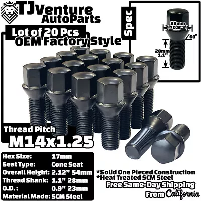 20Pc Black M14x1.25 17mm Hex Wheel Lug Bolt 28mm Shank Fit BMW F/G Body Models  • $26.67