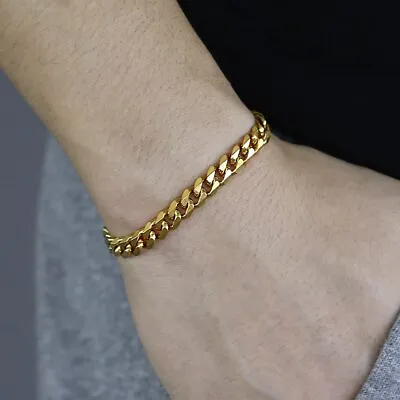 Solid Cuban Curb Link Chain Bracelet 18K Gold Plated Stainless Steel Gift Men • £3.99