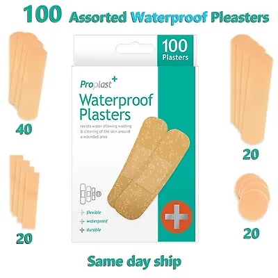 100 X Waterproof Plasters Assorted Flexible First Aid Wound Cut Dressings • £2.59