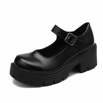 Women Gothic Lolita Platform Mary Jane Ankle Strap Chunky Heel Dress Pumps Shoes • £29.18