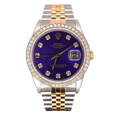 Rolex Mens Datejust 36mm 18k Yellow Gold & Steel ICED 1.75ct Diamonds Blue Dial • $7499.99