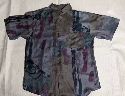 Vintage 90s Goouch Silk Camp Shirt Men M Short Sleeve Gray Abstract Print • $24.99