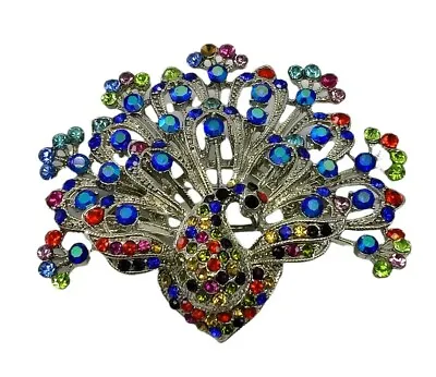 Vintage Peacock Brooch Crystal Rhinestone Jewelry Silver Tone • $63.98