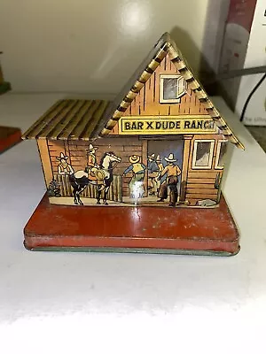 Vintage U.S. Metal Toy Co. Bar X Dude Ranch Tin Lithograph Bank 1940s • $25