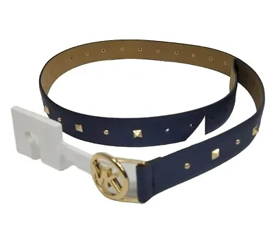 Michael Kors Belt Navy Blue Leather MK Round Gold Plate Logo Buckle XL NWT $68 • $52.28