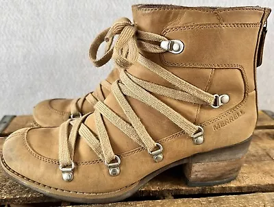Merrell Shiloh II Oak Brown Leather Ankle Boots Lace Up Zipper Women’s Size 7.5 • $42.95