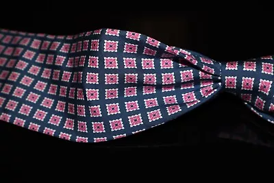 Borrelli Napoli Made In Italy Navy Petrol Blue Madder Pink Stamp Floret Silk Tie • $10.50