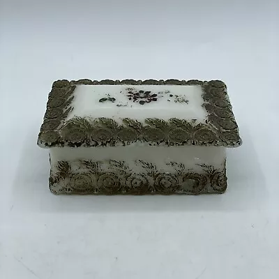 Antique Hand Painted Victorian Milk Glass Lidded Rectangle Trinket Box AS IS • $19.99