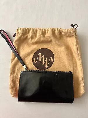 Monsac Zip Top Black Leather Wristlet With Pink Leather Accents With Dustcover • $35