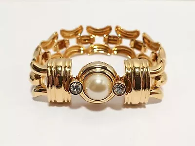 MY ESTATE JEWELRY Vtg Signed KJL Pearl Crystal Chunky Chain Link Gold Bracelet • $29.99