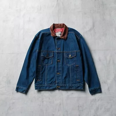 Marlboro Country Store Jacket Blue Denim Men’s Medium Leather Collar Vintage 80s • $78
