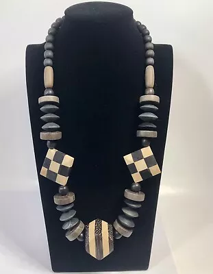 Wood Beaded Chunky Necklace Boho Statement Bold Geometric • $17.50