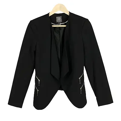 Vince Camuto Womens Zip Accent Long Sleeve Open Front Blazer Size 2 Solid Black • $9.50