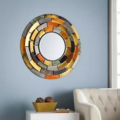 Lg Boho Colorful Round Mosaic Wall Accent Mirror Metal Layered Heavy 3-D Frame • $135.60