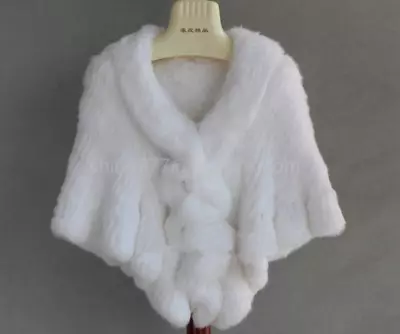 Women 100% Real Genuine Knitted Rabbit Fur Stole Cape Poncho Shawl Vintage Scarf • $107.61