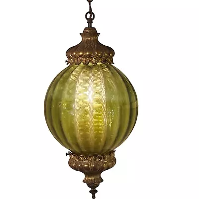 Vintage Green Glass Globe Swag Lamp Hanging Wall Plug 1960s Gold Standard Blub • $127.20