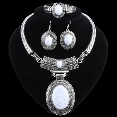 Women Retro Oval Turquoises Pendant Necklace Earrings Charm Bracelet Jewelry Set • $11.99