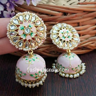 Indian Bollywood Style Floral Hand Painted Meenakari Light Pink Jhumka Earring • $19.95