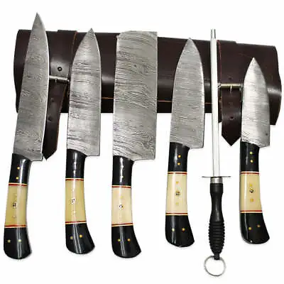 $289.99 • Buy 6 Piece Damascus Kitchen Knife Set W/Sharpening Rod & Leather Roll Carrying Case