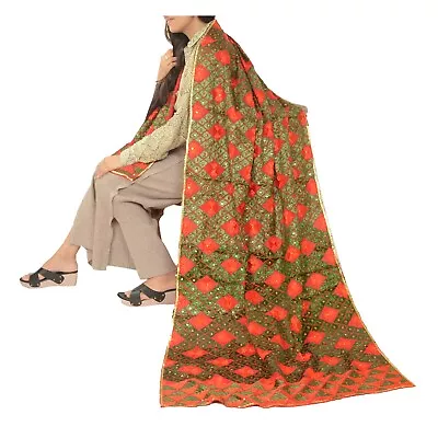 Sanskriti Vintage Red Dupatta Pure Cotton Handmade Bagh Phulkari Ooak Stole • $95