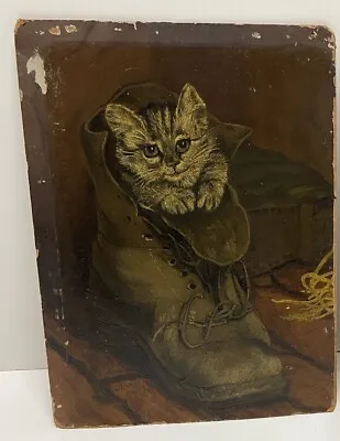 Vintage Original Oil Painting On Cardboard  Cat In Boot • $299