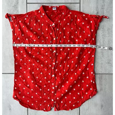 Old Navy Womens Button Front Shirt Red Floral Tie Cap Sleeve Mandarin Collar S • $9.74