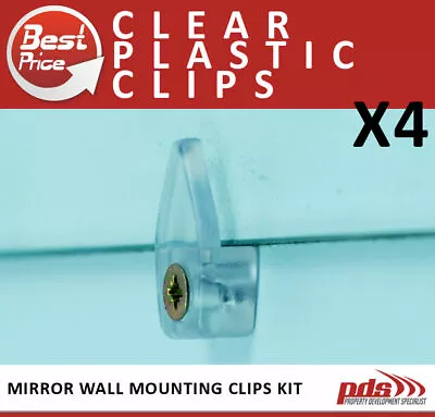 4 Mirror Wall Hanging Fixing Kit Clear Plastic Clips Wall Mounting Frameless • £3.99