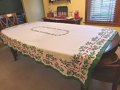Vintage Rectangle 59  X 80  Christmas Tablecloth Holly & Berry Holiday Print • $40