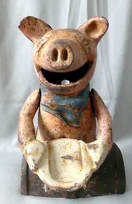 Antique Cast Iron Pig Mechanical Piggy Bank Coin Plate Barrell  • $329.95