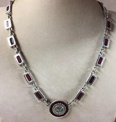 VTG Taxco Sterling Silver Red Enamel Panel Link Necklace 18.25” • £125.53