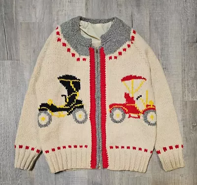 Vintage 50s/60s Cowichan Mary Maxim Hand Knit Wool Cardigan Car Carriage Sz M • $79.97
